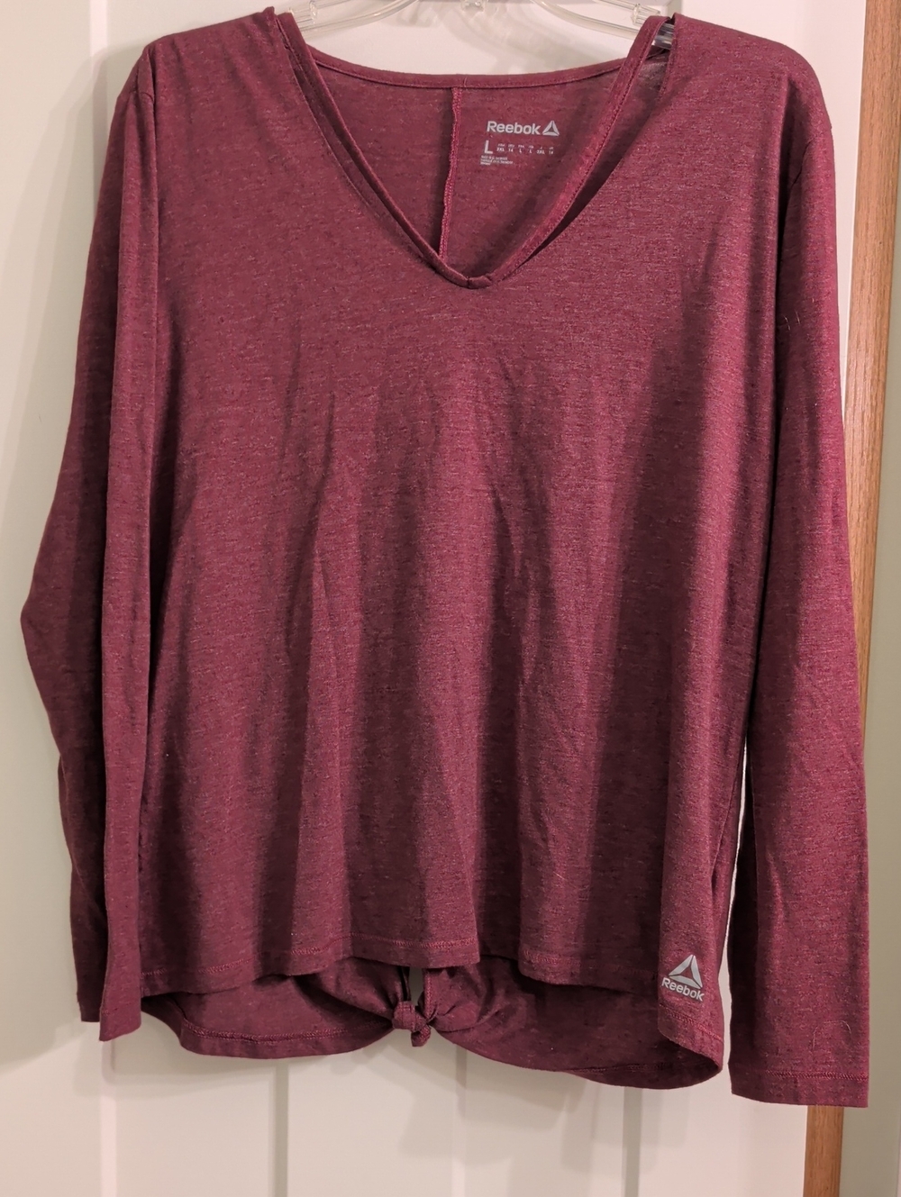 Reebok Women's Burgundy V‑Neck Long Sleeve Knit Top with Front Tie